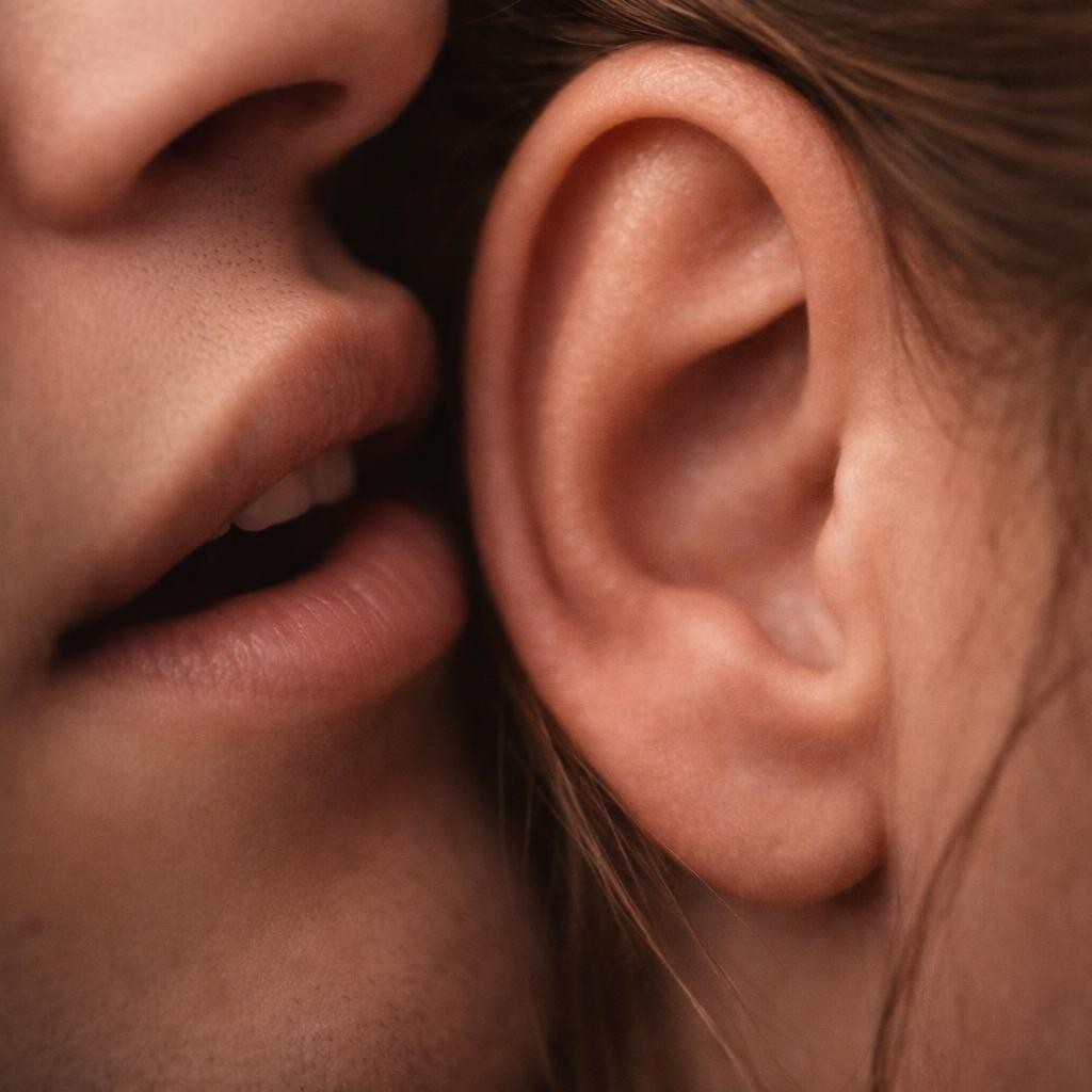 Close-up of lips whispering into an ear
